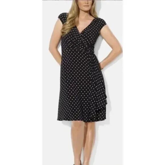Ralph Lauren Stretch Jersey Polka Dot Surplice Ruched Bodice Midi Dress (10) - Picture 1 of 15